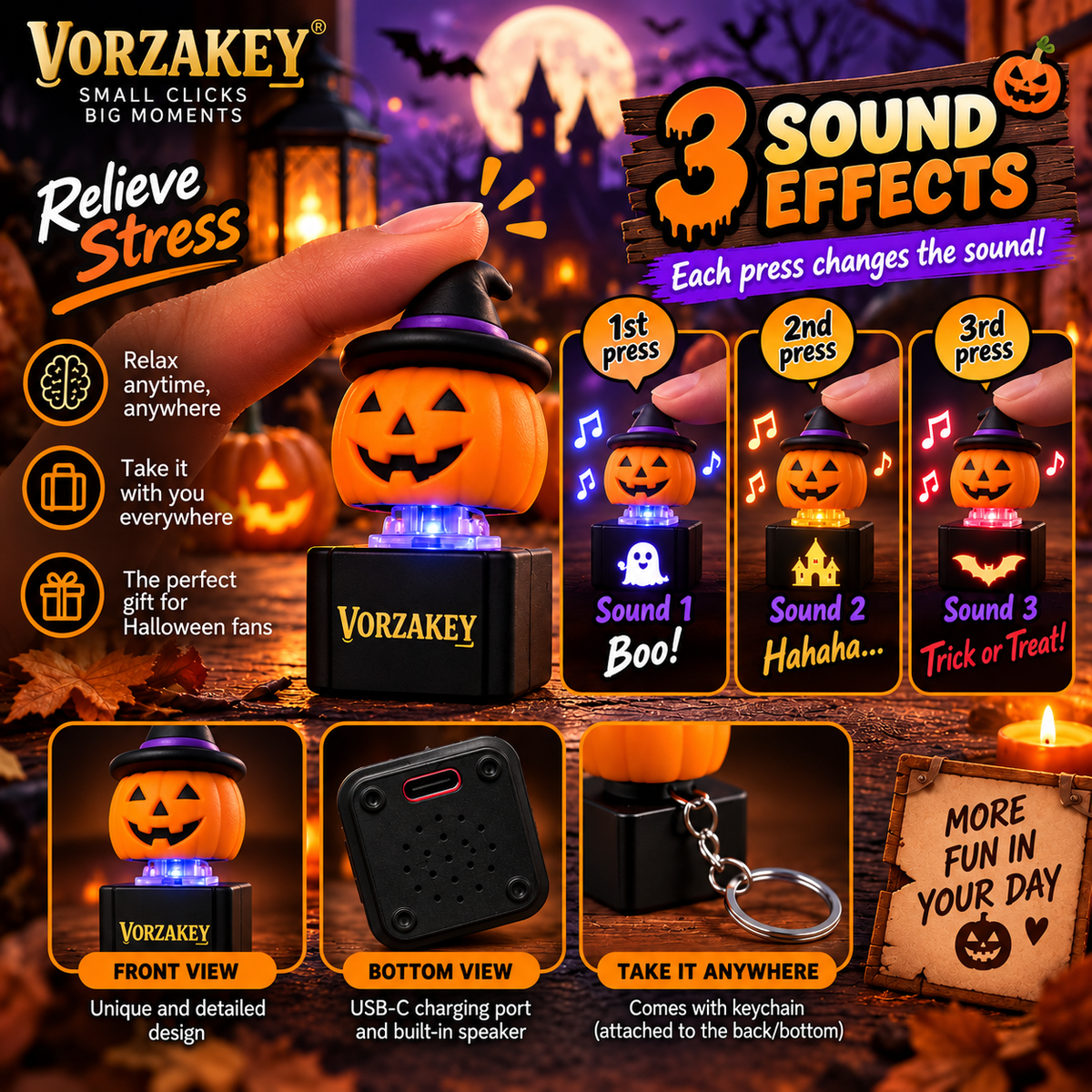 Pumpkin keychain display showing three switchable sounds for a gift exchange