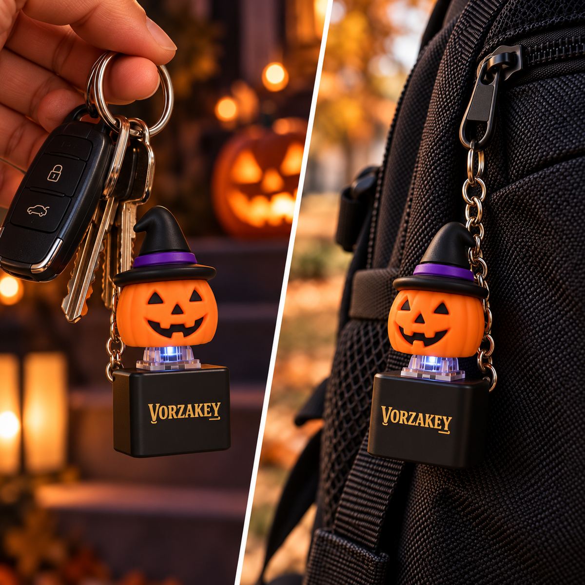 Pumpkin zipper pull keychain attached to keys and a bag