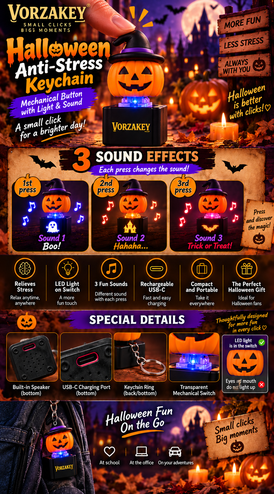 Detailed product views of a rechargeable Halloween pumpkin keychain
