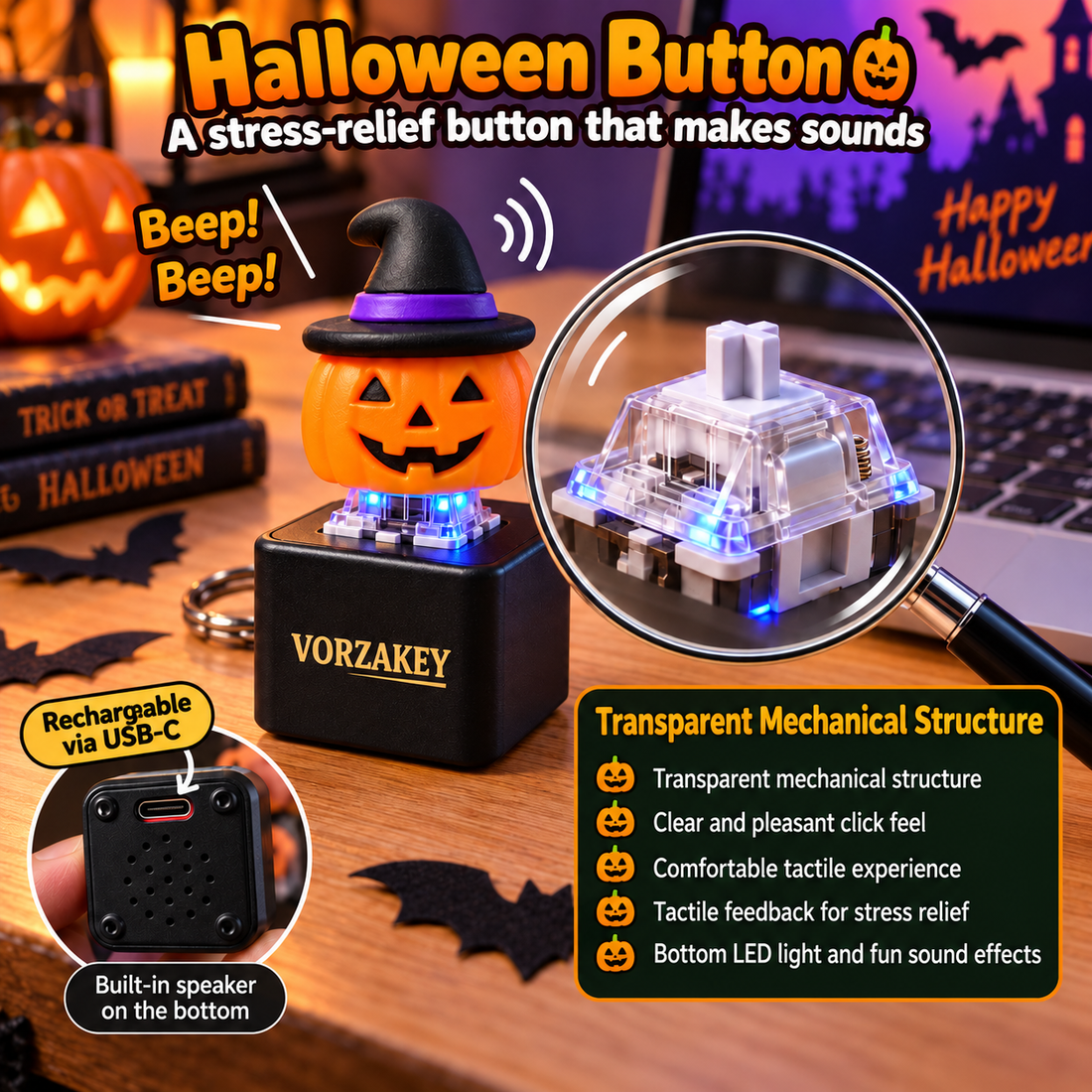 Press-button Halloween pumpkin keychain with sound and light activation