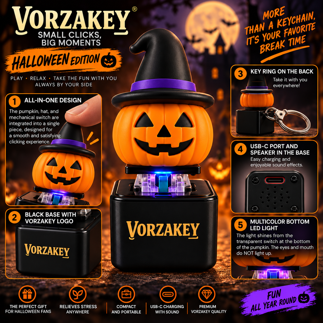 Spooky pumpkin keychain shown from several product angles