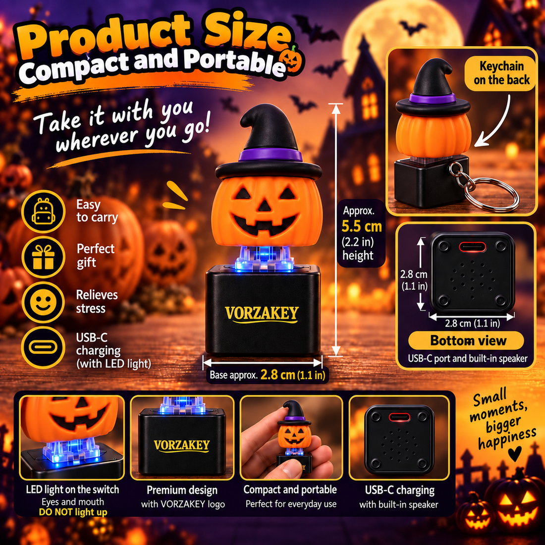 Compact pumpkin keychain shown with size details for a Halloween calendar