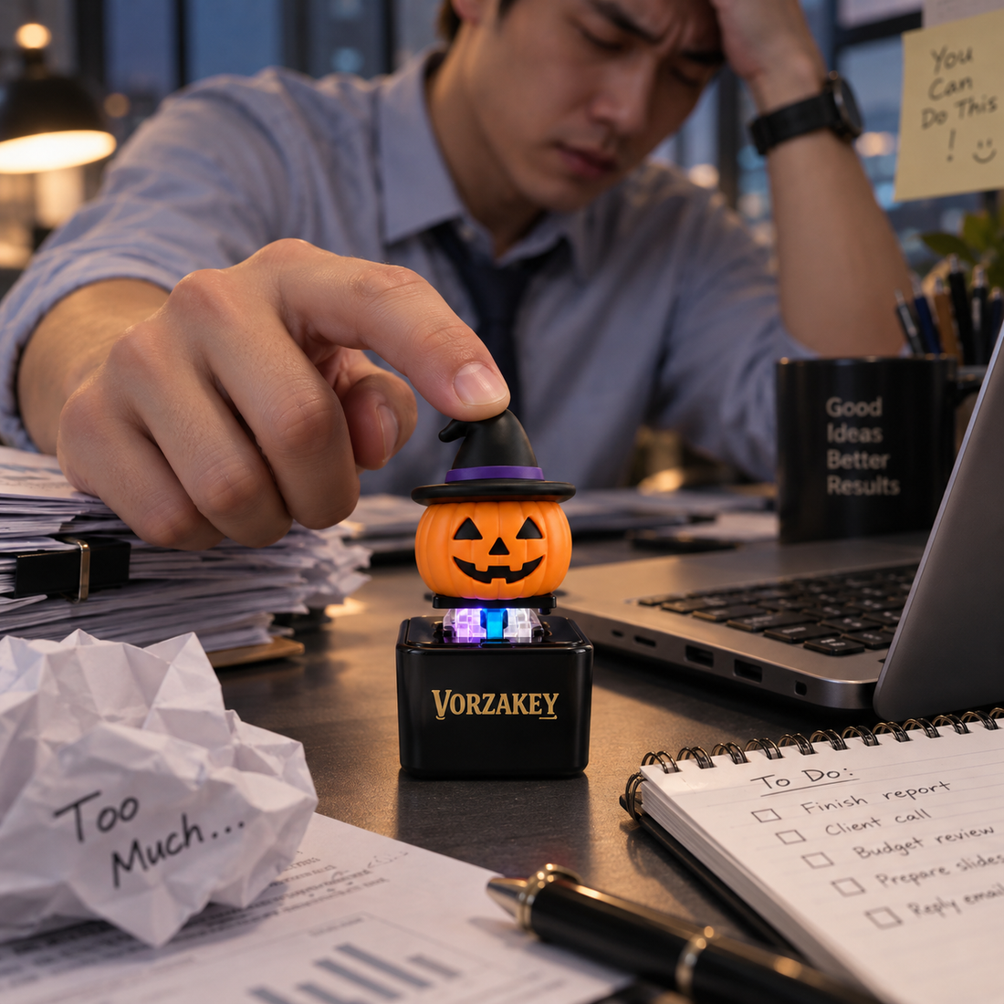 Pumpkin fidget keychain beside a laptop for a light workplace gift