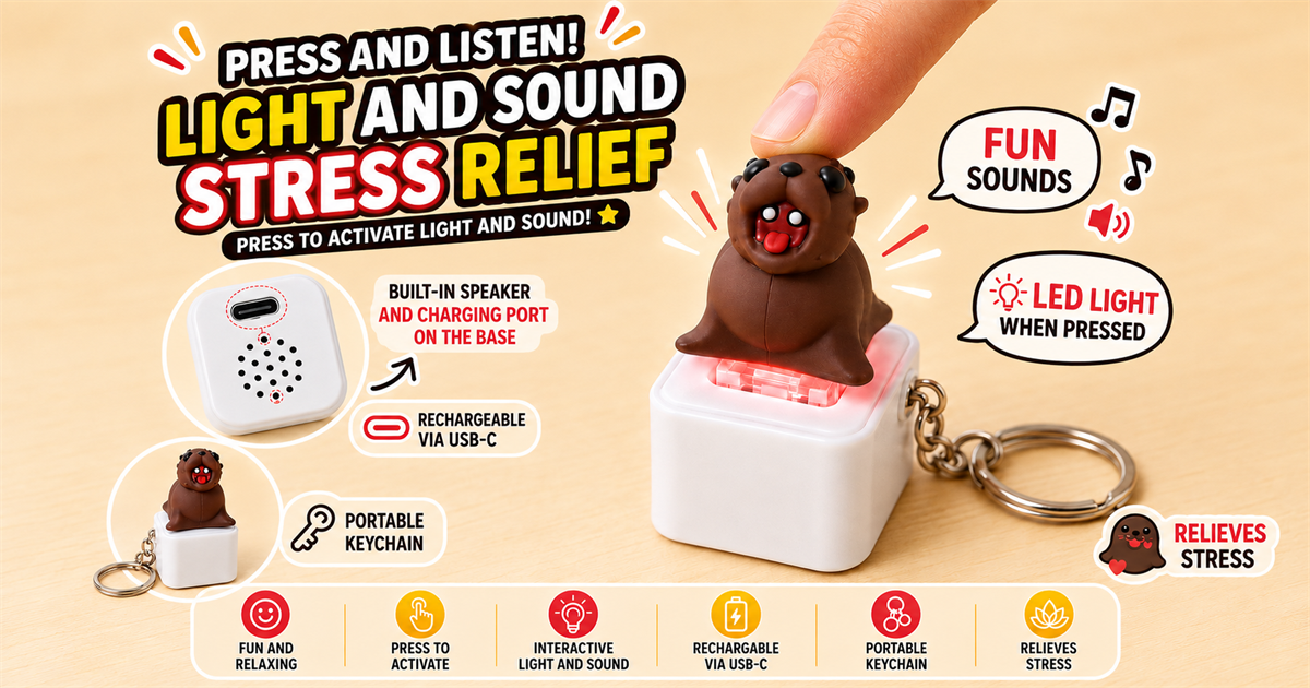 Rechargeable sea lion fidget keychain with light, sound, USB-C charging, and portable key ring
