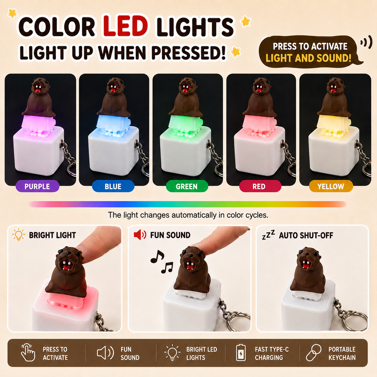 Sea lion fidget keychain with colorful LED light effects