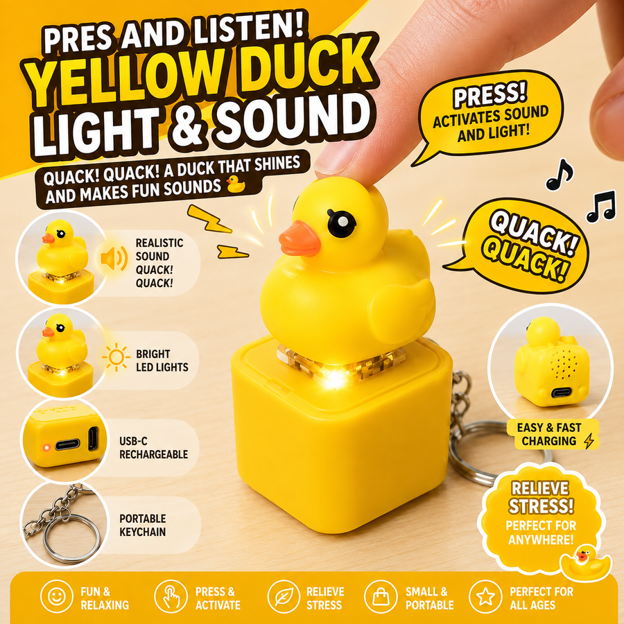 Yellow Duck Stress Relief Button Keychain, Light & Sound Fidget Toy, USB-C Rechargeable Press Toy for Adults & Kids