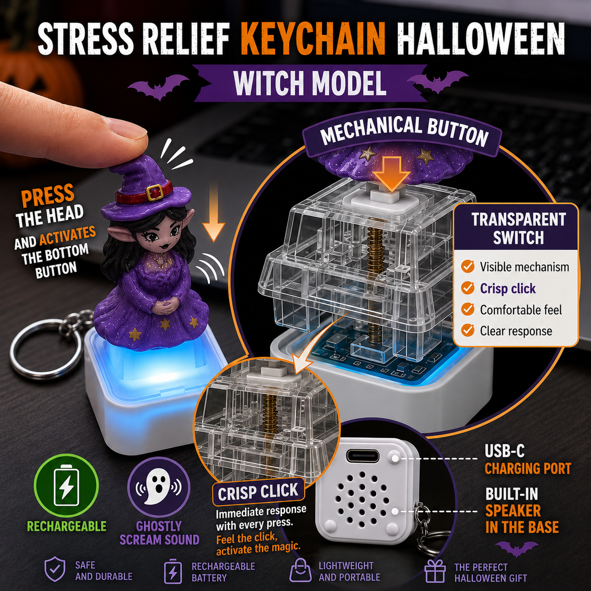 Halloween stress relief keychains with colorful light effects and rechargeable design