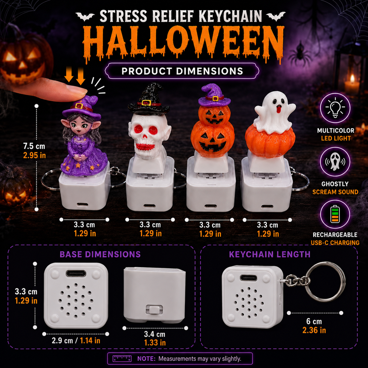 Halloween fidget keychain features with speaker, rechargeable base and light effect
