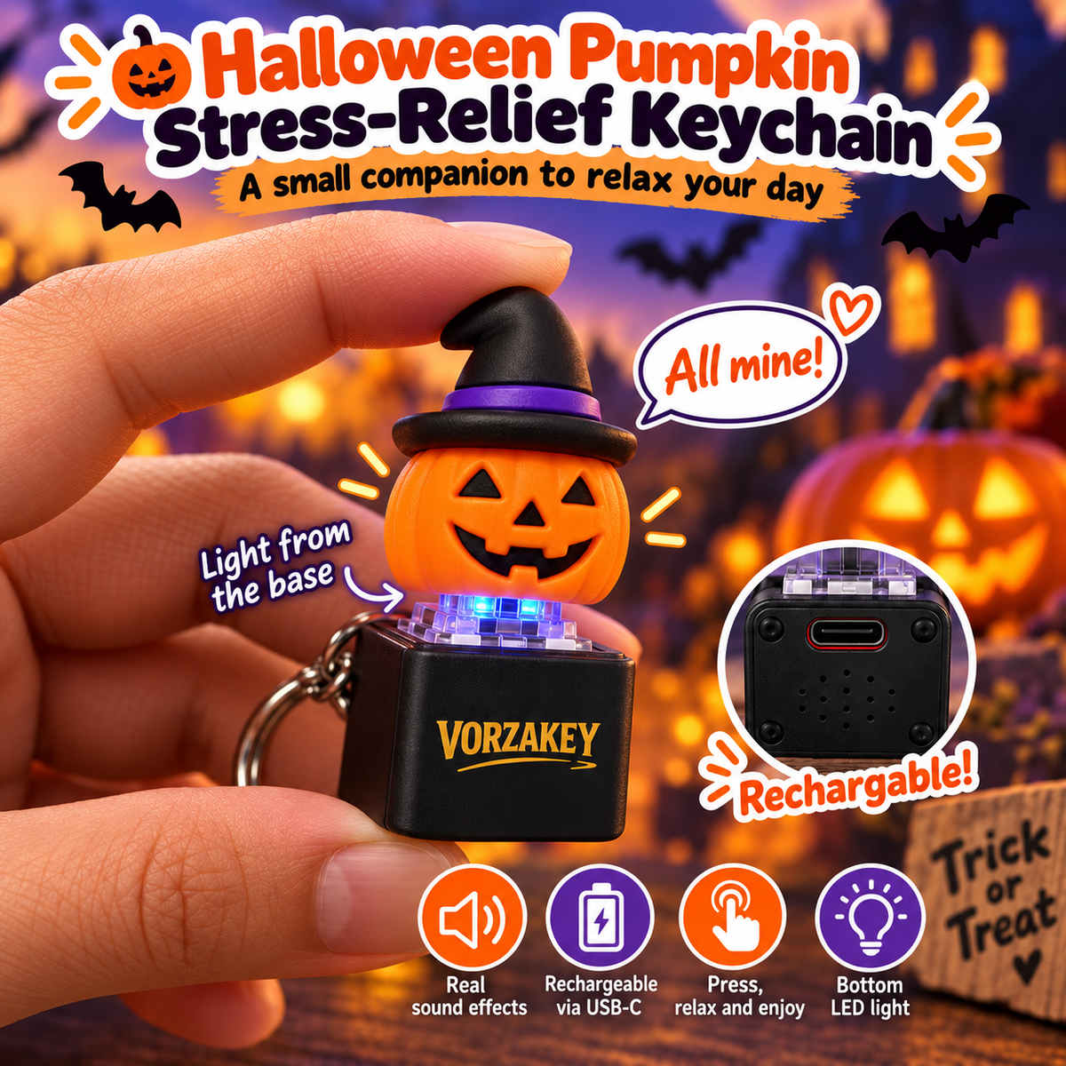 Hand pressing rechargeable Halloween pumpkin fidget keychain with light and sound