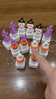 Video showing rechargeable Halloween fidget keychains with light and sound