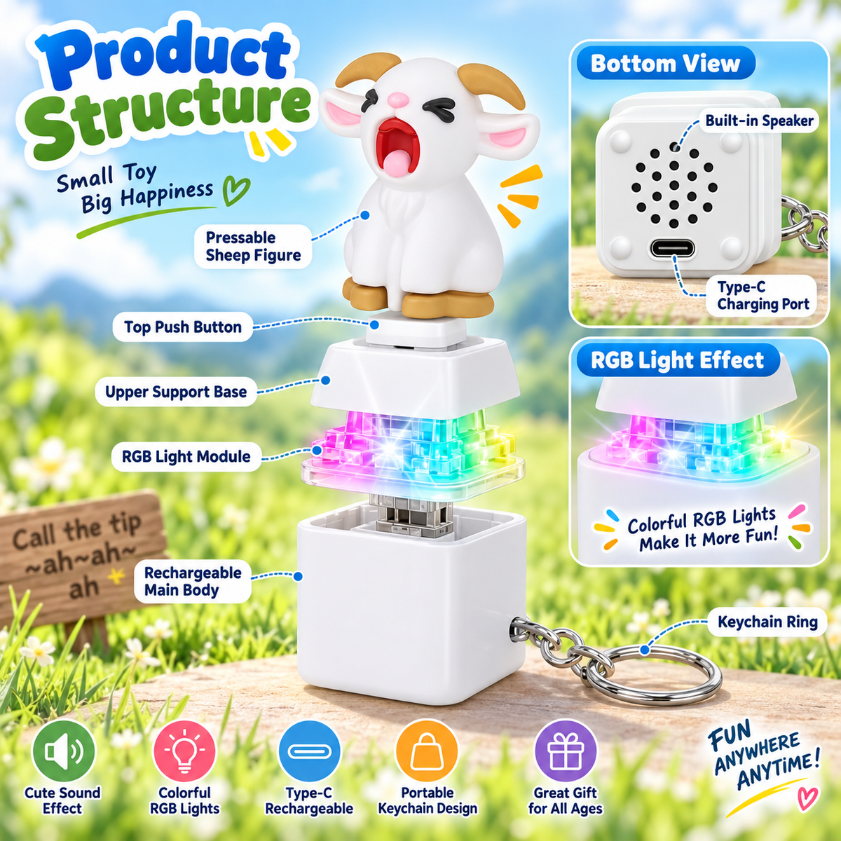 Screaming sheep keychain with funny sound feature
