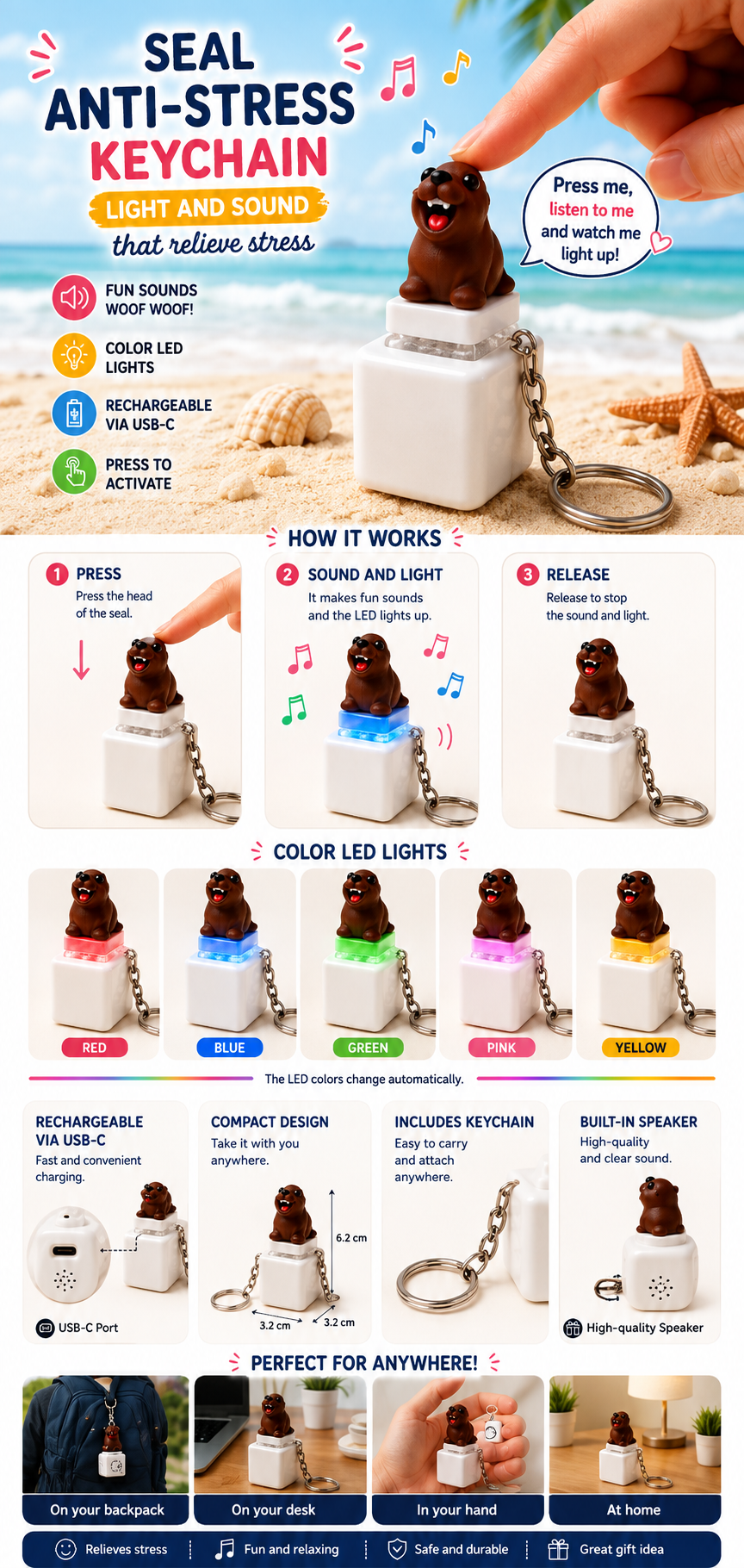 Rechargeable sea lion fidget keychain product details and features