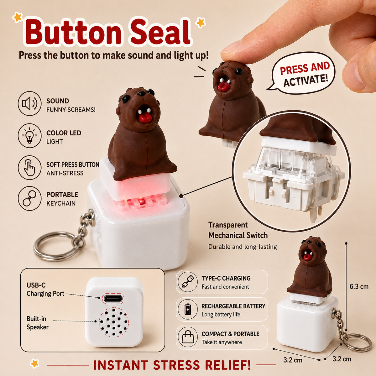 Sea lion fidget keychain with press button sound and light feature