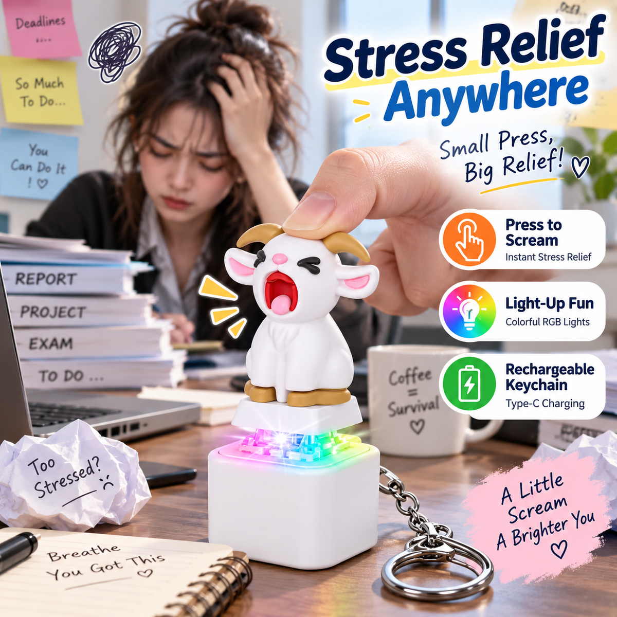Rechargeable screaming sheep fidget keychain for stress relief at work and study