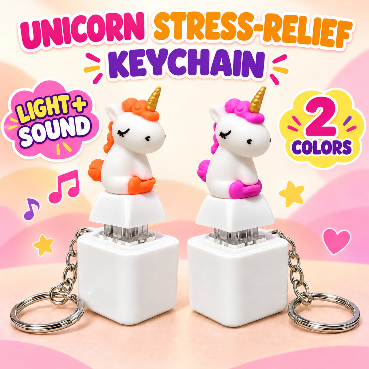 Orange and pink rechargeable unicorn fidget keychains with light and sound