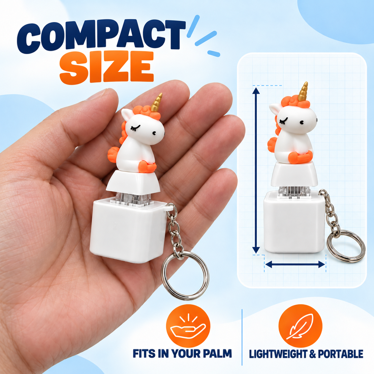 Compact portable unicorn fidget keychain shown in hand