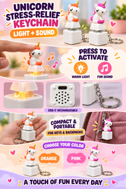 Rechargeable unicorn fidget keychain feature overview with orange and pink options