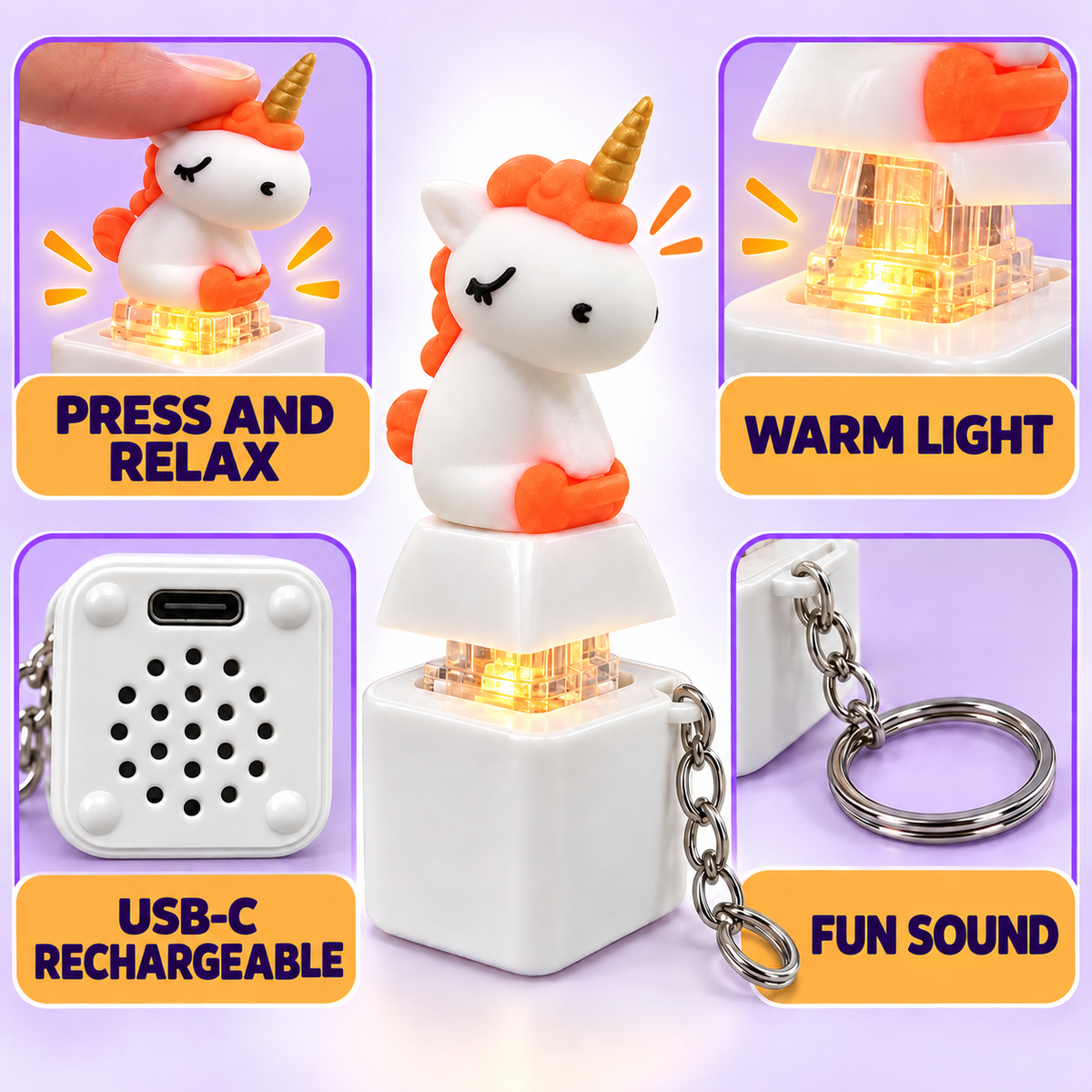 Unicorn fidget keychain features including press button, light, sound and USB-C charging
