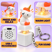 Unicorn fidget keychain features including press button, light, sound and USB-C charging