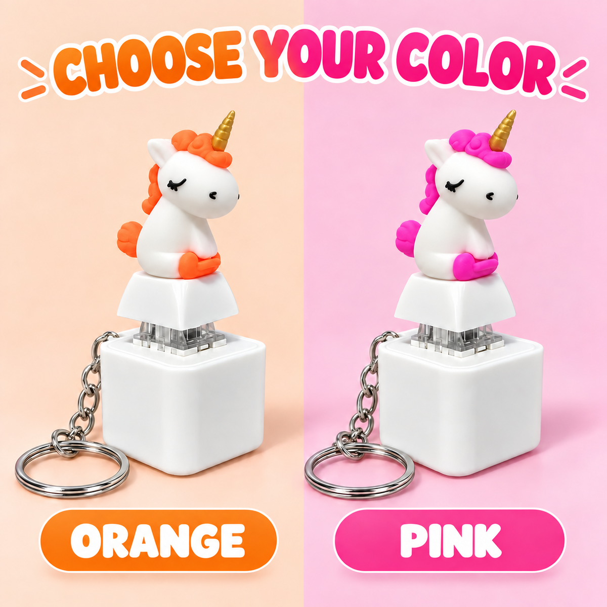 Orange and pink color options for rechargeable unicorn fidget keychain