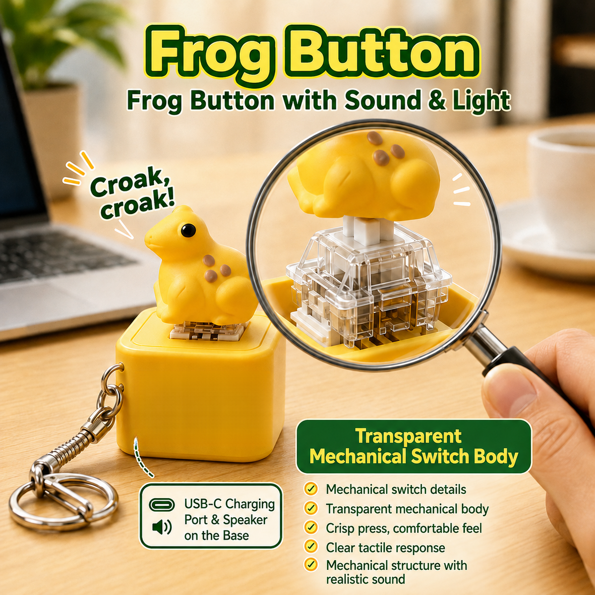 Yellow frog fidget keychain with press button, croak sound and rechargeable design