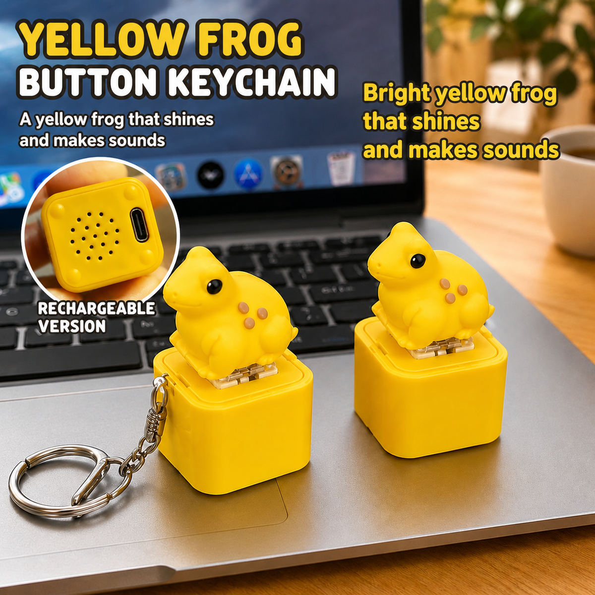 Yellow frog fidget keychains with rechargeable light and croak sound