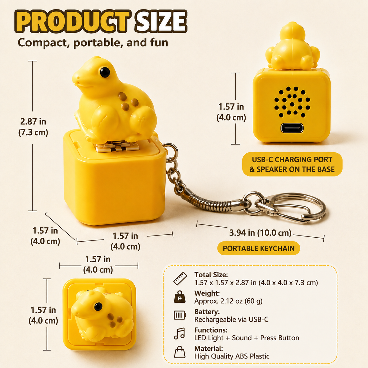 Portable yellow frog fidget keychain size and dimensions