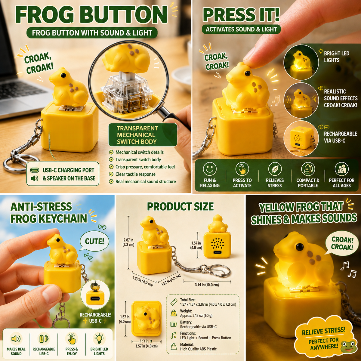 Rechargeable yellow frog keychain feature overview with light, sound and press button