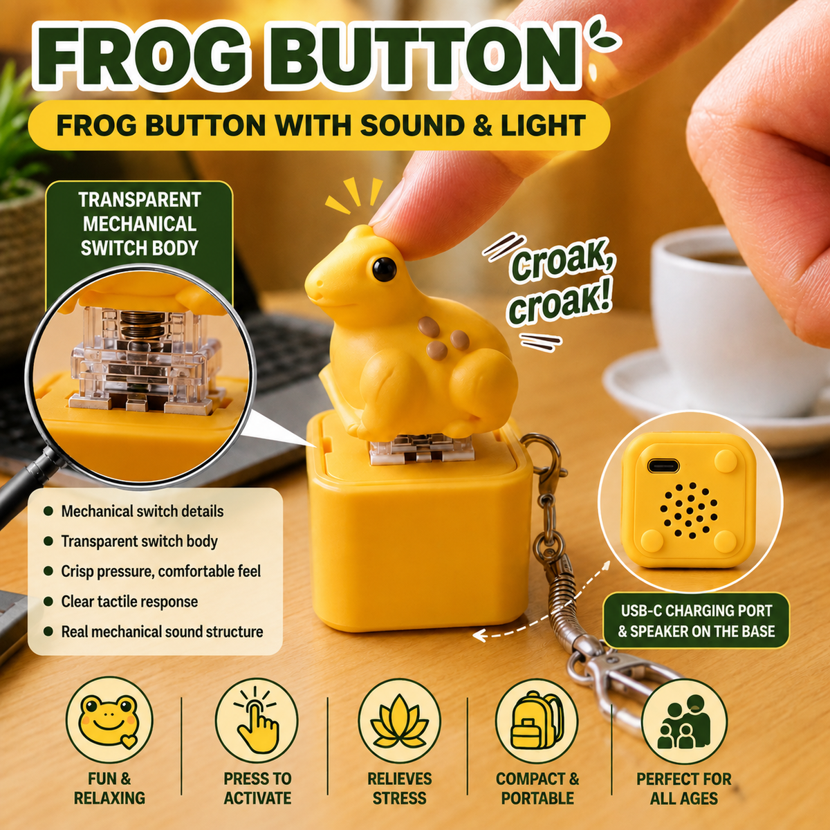 Pressing yellow frog fidget keychain to activate croak sound and LED light